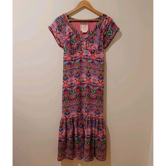 Anthropologie Vanessa Virginia Mural Maxi Dress Size 8 Beaded Boho Artsy - Picture 4 of 11